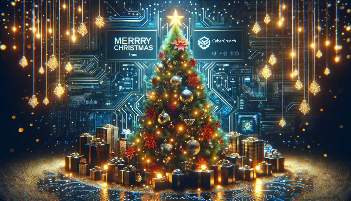 Digital Christmas tree with lights and ornaments, festive background with circuit patterns, and the words 'CyberCrunch' and 'Merry Christmas from CyberCrunch' at the top.