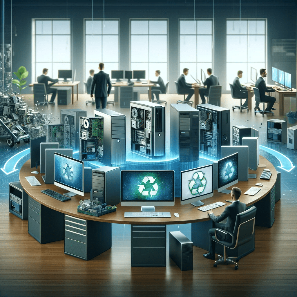 Modern office with computers at various lifecycle stages, from new to being recycled.