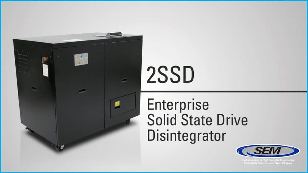 SEM Model 2SSD Solid State Drive Disintegrator, showcasing its sleek design and advanced technology for efficient, high-volume SSD destruction.