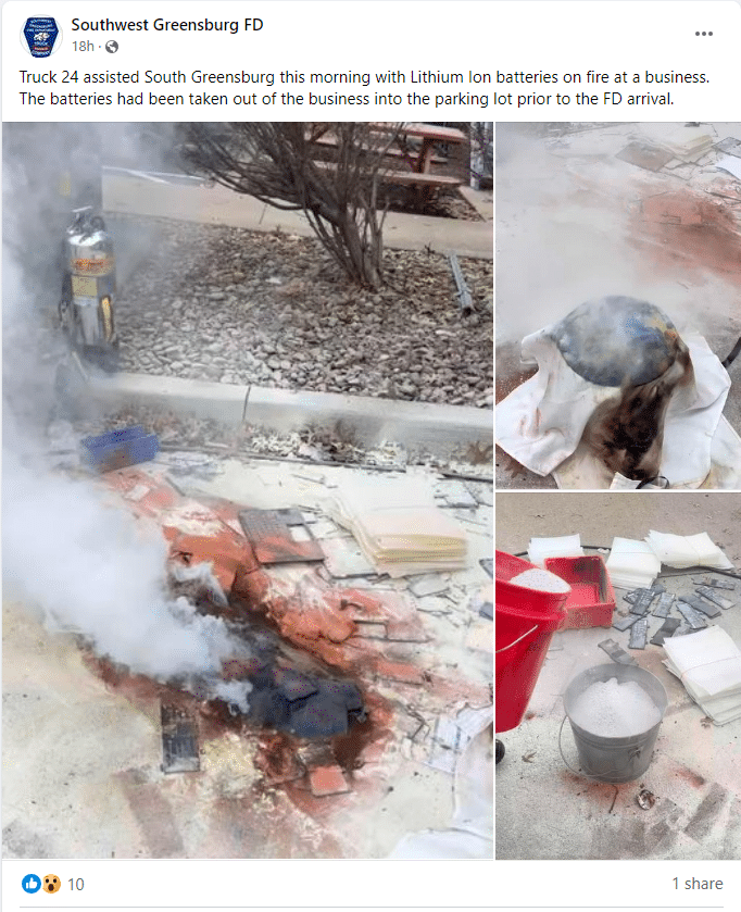 Photo of lithium ion battery fire