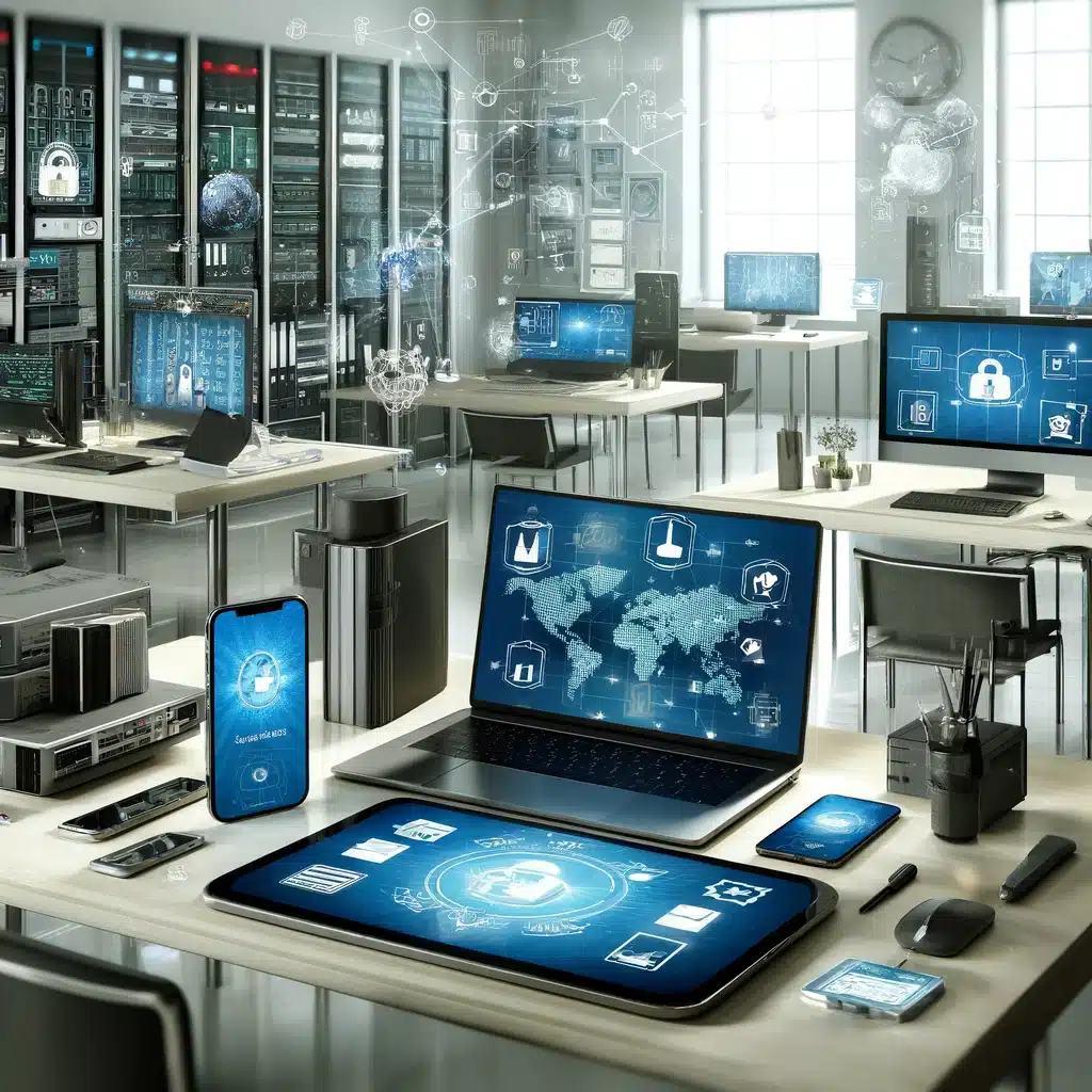 Modern office desk with laptops, smartphones, servers, and IoT devices displaying security software interfaces, symbolizing integrated endpoint management and IT asset disposal.